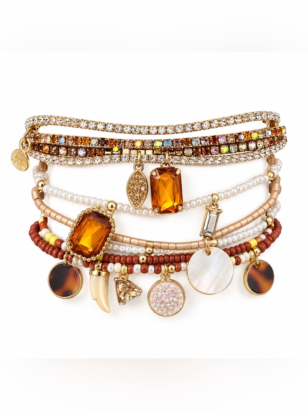 Zara Gold-Tone Multi-Layer Bracelet Set with Amber and Pearl Accents